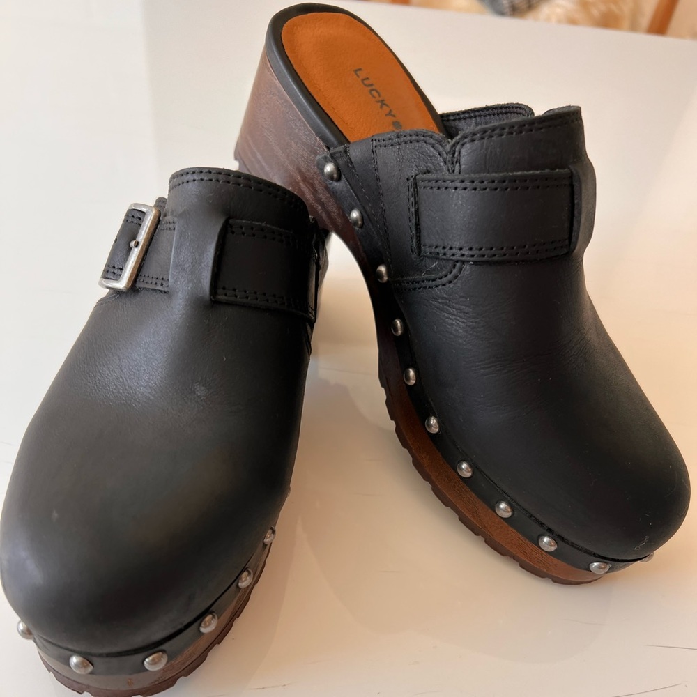 Lucky Brand Black Leather Studded Mules